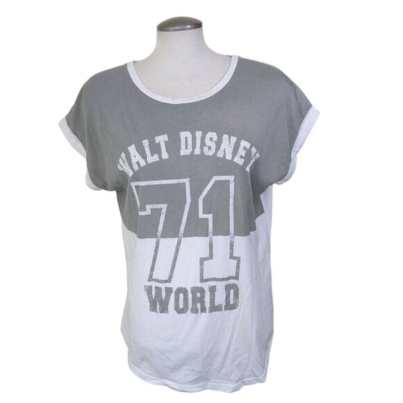 Walt Disney World Parks Women XL Jersey Style Top White Gray 71 Cap Sleeve - Picture 1 of 7